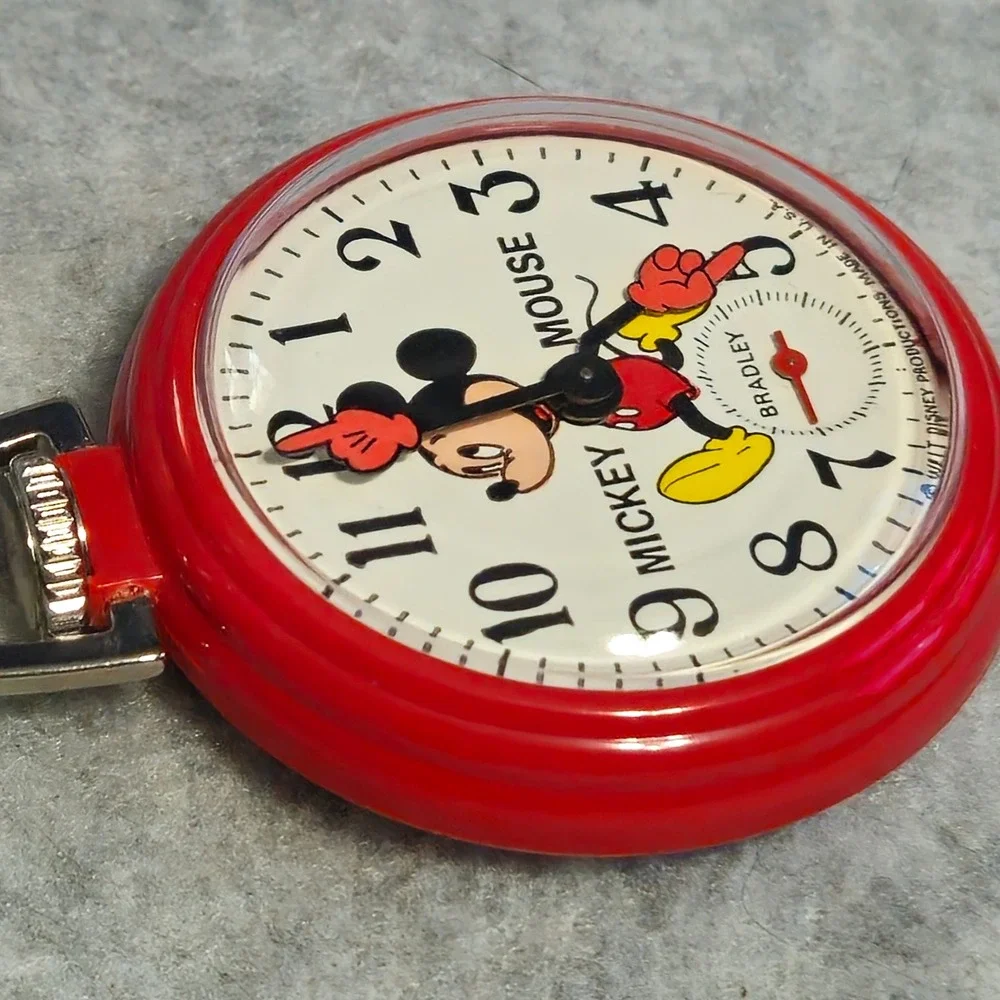 BRADLEY Mickey Mouse Pocket Watch Vintage 1970s Red Original Box Parts Repair